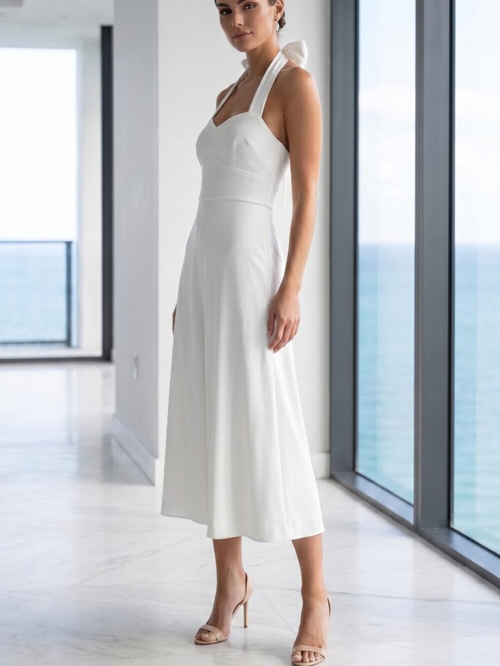 NWT LULU'S white halter sheath dress with rose gold back zipper XS